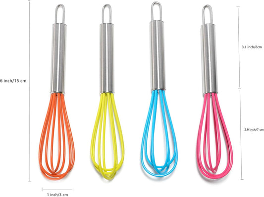 Mini Whisks 6 inch 4Pcs silica gel stainless steel Whisk, Hand Egg Mixer for Flour Cake Egg, Kitchen Cooking Baking Use Whisk （red，yellow，orange，blue）