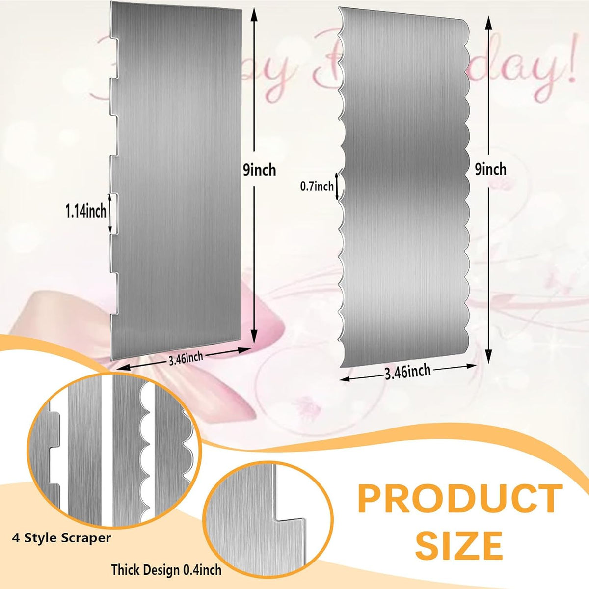Stainless Steel Cake Scraper, 9 Inch Large Cake Smoother Scraper Contour Double Sided Patterned Edge Stripe Tool Pastry Cutter in 6 Patterns for Different Shapes of Comb Cake Edges Decoration