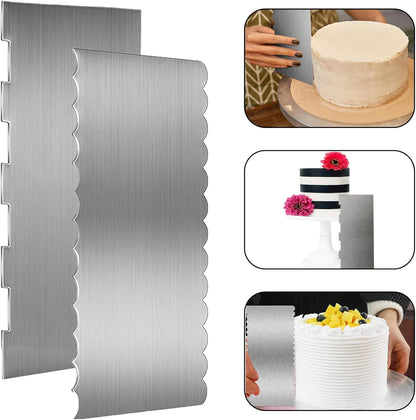 Stainless Steel Cake Scraper, 9 Inch Large Cake Smoother Scraper Contour Double Sided Patterned Edge Stripe Tool Pastry Cutter in 6 Patterns for Different Shapes of Comb Cake Edges Decoration