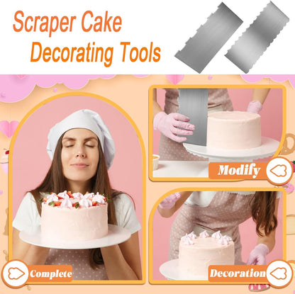 Stainless Steel Cake Scraper, 9 Inch Large Cake Smoother Scraper Contour Double Sided Patterned Edge Stripe Tool Pastry Cutter in 6 Patterns for Different Shapes of Comb Cake Edges Decoration