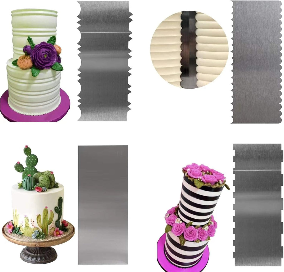 Stainless Steel Cake Scraper, 9 Inch Large Cake Smoother Scraper Contour Double Sided Patterned Edge Stripe Tool Pastry Cutter in 6 Patterns for Different Shapes of Comb Cake Edges Decoration