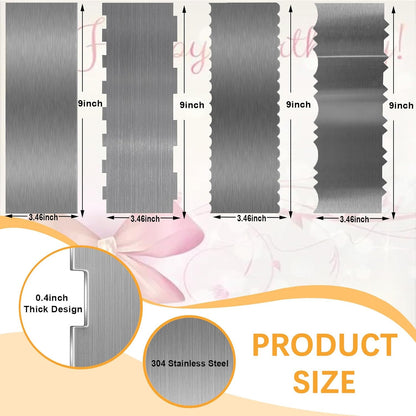 Stainless Steel Cake Scraper, 9 Inch Large Cake Smoother Scraper Contour Double Sided Patterned Edge Stripe Tool Pastry Cutter in 6 Patterns for Different Shapes of Comb Cake Edges Decoration