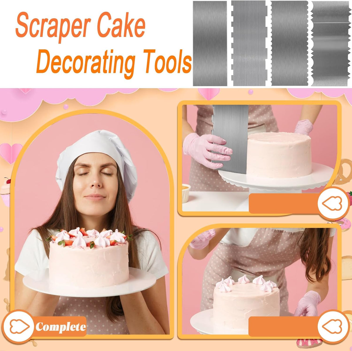 Stainless Steel Cake Scraper, 9 Inch Large Cake Smoother Scraper Contour Double Sided Patterned Edge Stripe Tool Pastry Cutter in 6 Patterns for Different Shapes of Comb Cake Edges Decoration