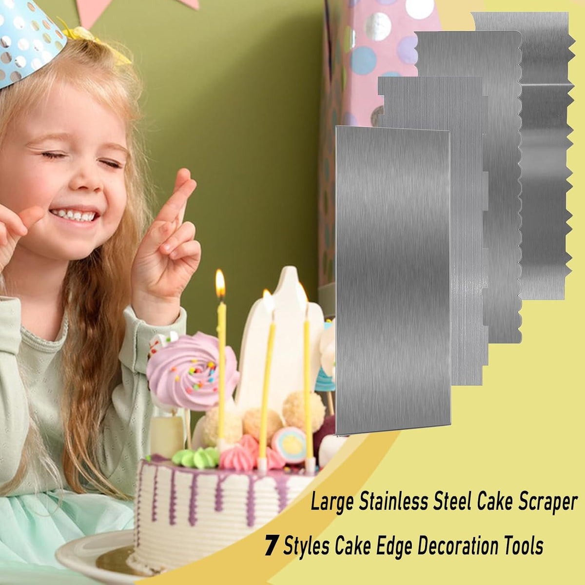 Stainless Steel Cake Scraper, 9 Inch Large Cake Smoother Scraper Contour Double Sided Patterned Edge Stripe Tool Pastry Cutter in 6 Patterns for Different Shapes of Comb Cake Edges Decoration