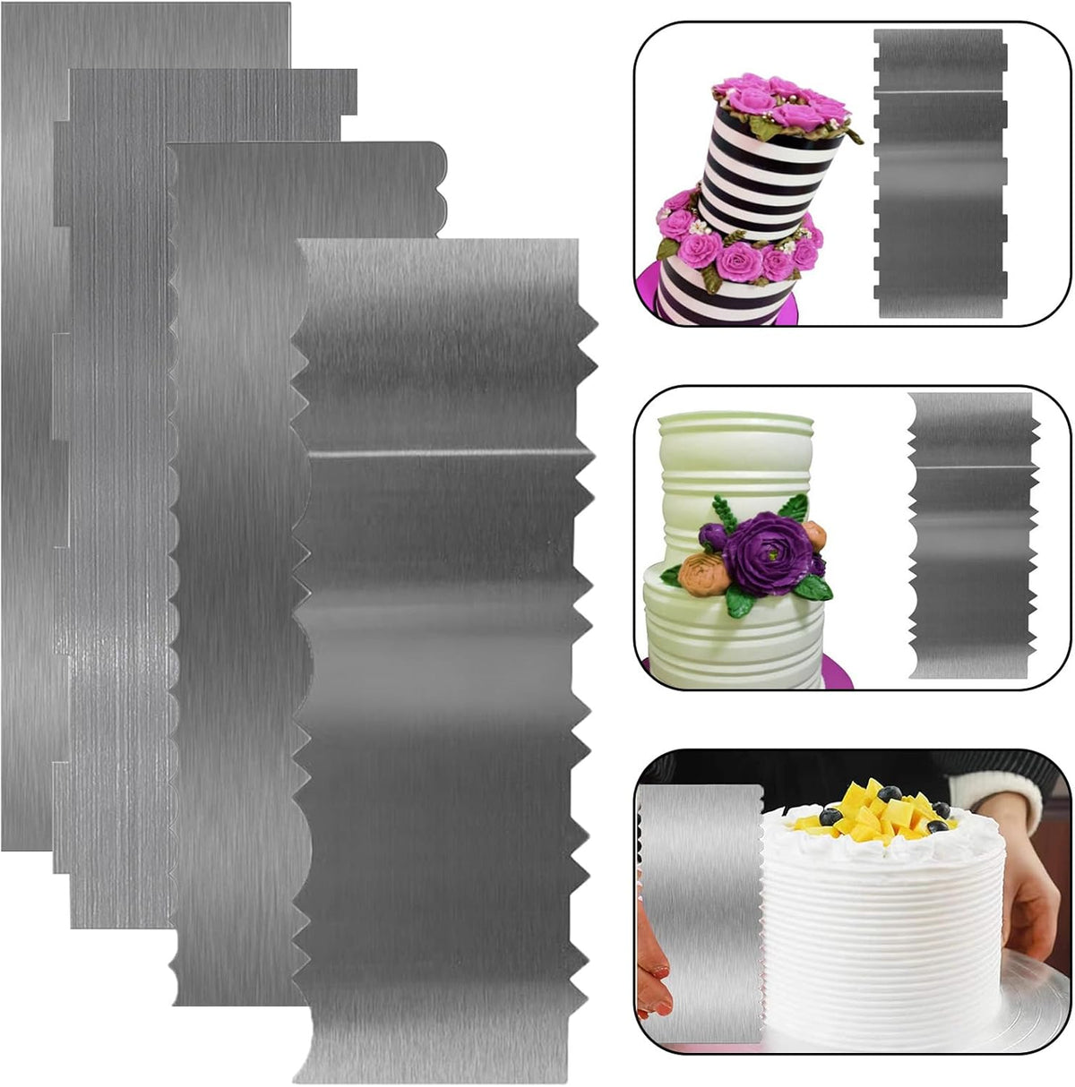 Stainless Steel Cake Scraper, 9 Inch Large Cake Smoother Scraper Contour Double Sided Patterned Edge Stripe Tool Pastry Cutter in 6 Patterns for Different Shapes of Comb Cake Edges Decoration