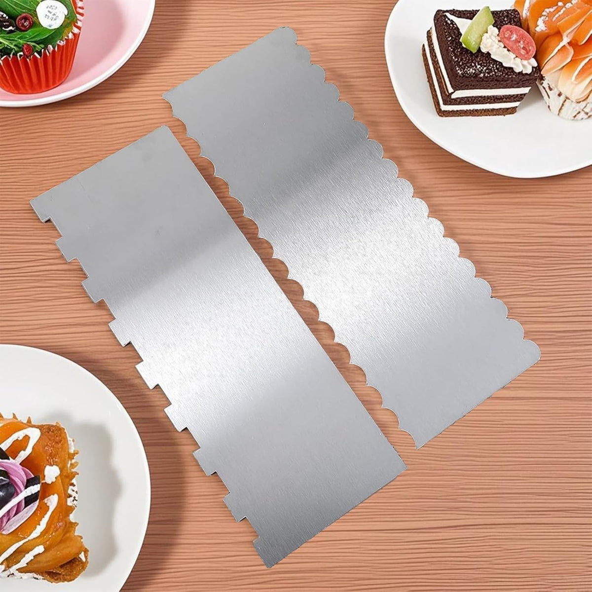 Stainless Steel Cake Scraper, 9 Inch Large Cake Smoother Scraper Contour Double Sided Patterned Edge Stripe Tool Pastry Cutter in 6 Patterns for Different Shapes of Comb Cake Edges Decoration