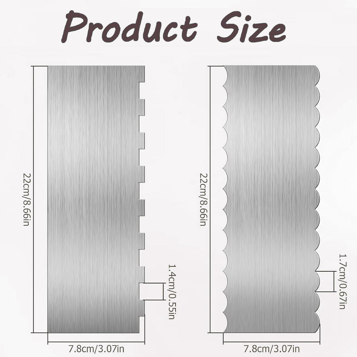 Stainless Steel Cake Scraper, 9 Inch Large Cake Smoother Scraper Contour Double Sided Patterned Edge Stripe Tool Pastry Cutter in 6 Patterns for Different Shapes of Comb Cake Edges Decoration