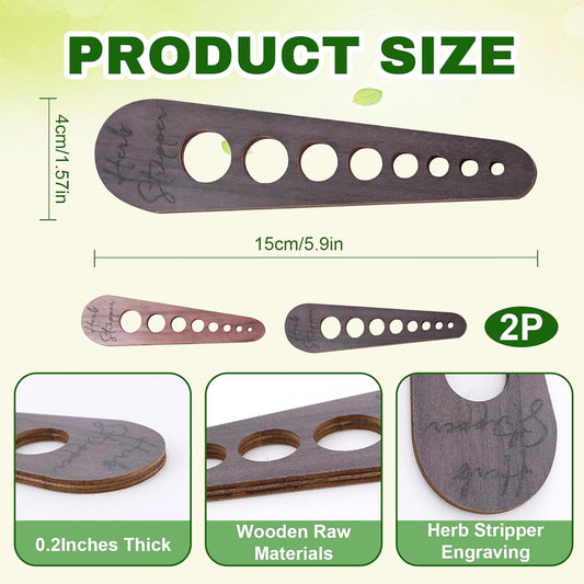 2 Pcs Herb Stripper Tool, Wooden Herb Stripping Tool, Vegetable Leaf Remover, Natural Wood Leaf Remover with 8 Hole Sizes for Herbs, Parsley, Coriander, Thyme, Rosemary