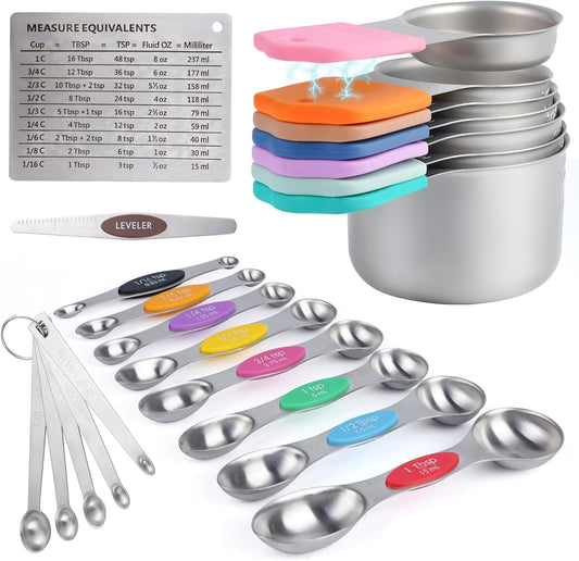 22-Piece Measuring Cups and Spoons Set, 304 Stainless Steel for MINI Measuring Spoons, with Leveler, Measurement Conversion Chart Fridge Magnet, for Measure Dry & Liquid Ingredients