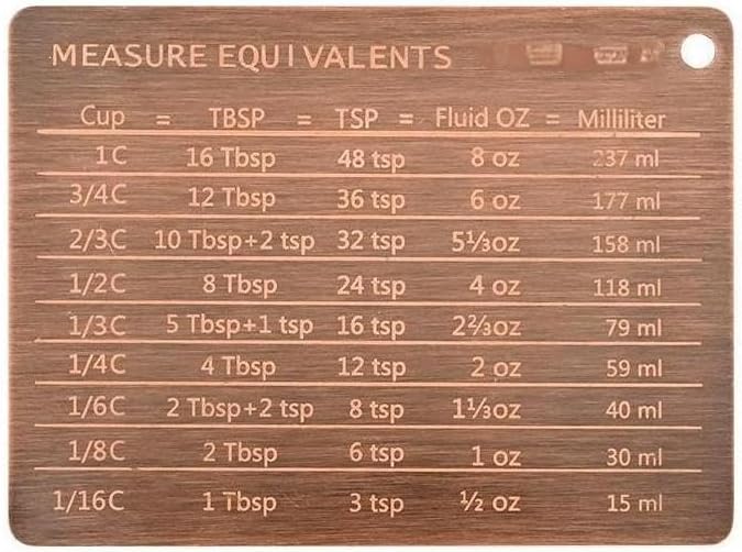 Copper Measurement Conversion Chart Fridge Magnet, Stainless Steel Measure Equivalents Magnet, Metal Magnetic Kitchen Conversions for Cups, Tablespoons, Teaspoons, Fluid Oz and Milliliters