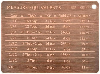 Copper Measurement Conversion Chart Fridge Magnet, Stainless Steel Measure Equivalents Magnet, Metal Magnetic Kitchen Conversions for Cups, Tablespoons, Teaspoons, Fluid Oz and Milliliters