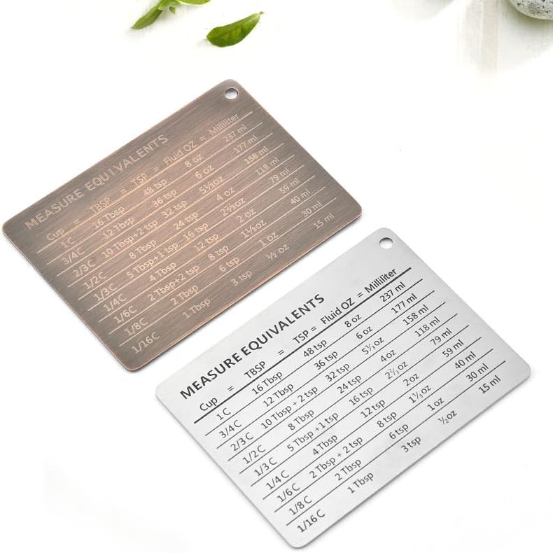Copper Measurement Conversion Chart Fridge Magnet, Stainless Steel Measure Equivalents Magnet, Metal Magnetic Kitchen Conversions for Cups, Tablespoons, Teaspoons, Fluid Oz and Milliliters