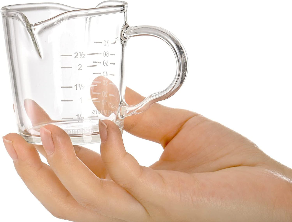 4 Pack Double Spouts Measuring Cups Espresso Shot Glass with Handle, 2.5 Oz Mini Milk Triple Pitcher Barista Clear Graduated Cups for Coffee, Wine, Bar, Party
