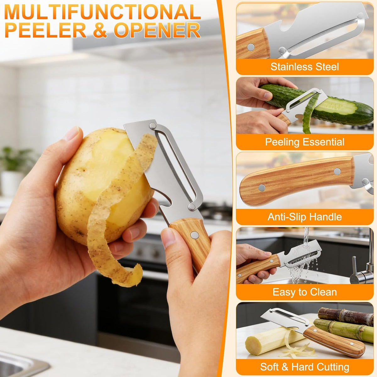 Multi-Functional Vegetable Peeler with Wooden Handle and Bottle Opener,Ultra-Sharp Stainless Steel Blade Kitchen Tool for Fruit Apple Potato Pumpkin Papaya