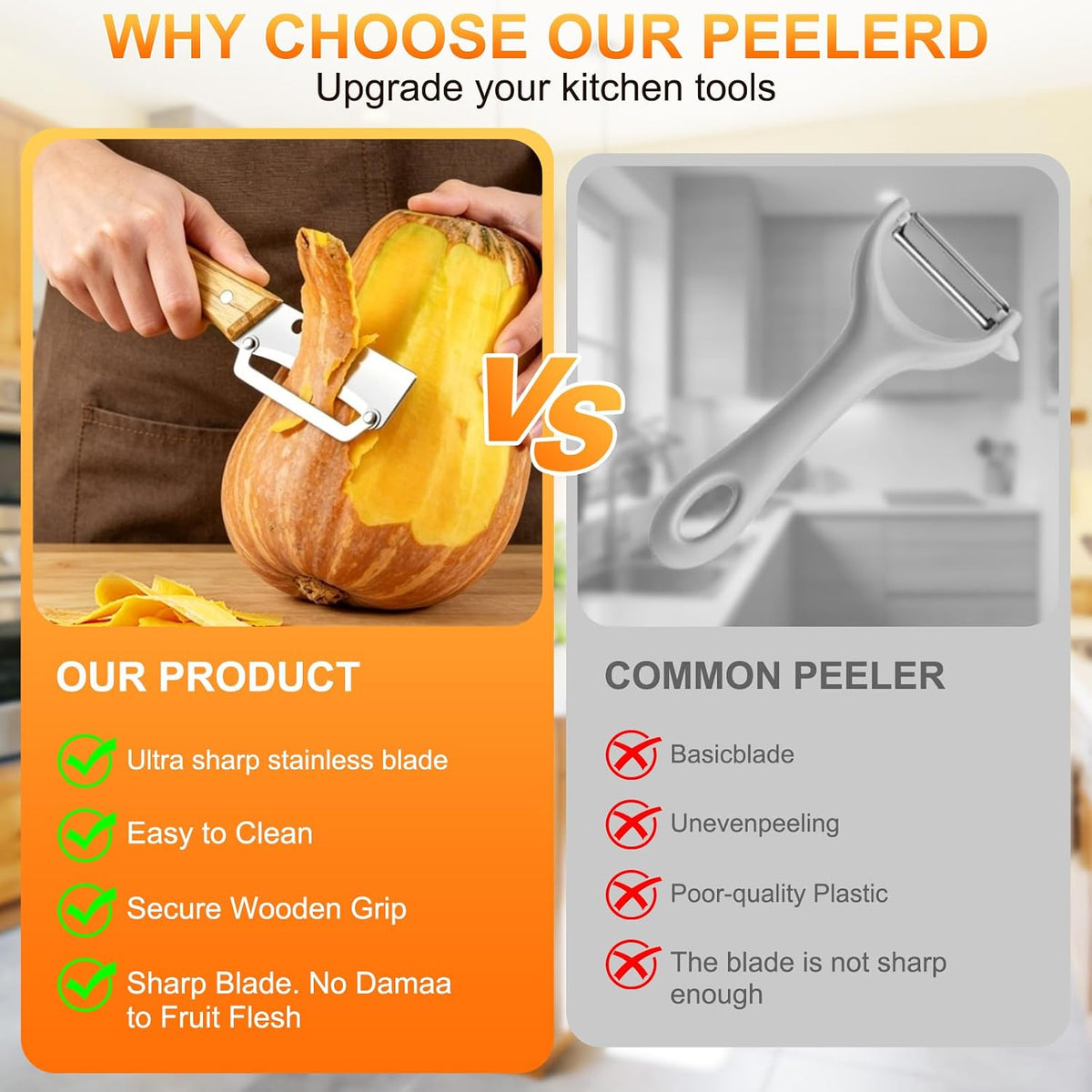 Multi-Functional Vegetable Peeler with Wooden Handle and Bottle Opener,Ultra-Sharp Stainless Steel Blade Kitchen Tool for Fruit Apple Potato Pumpkin Papaya
