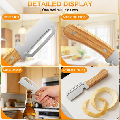 Multi-Functional Vegetable Peeler with Wooden Handle and Bottle Opener,Ultra-Sharp Stainless Steel Blade Kitchen Tool for Fruit Apple Potato Pumpkin Papaya