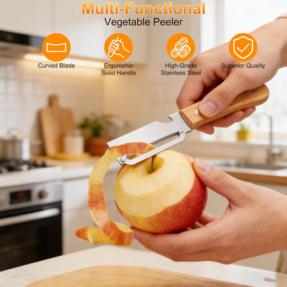 Multi-Functional Vegetable Peeler with Wooden Handle and Bottle Opener,Ultra-Sharp Stainless Steel Blade Kitchen Tool for Fruit Apple Potato Pumpkin Papaya