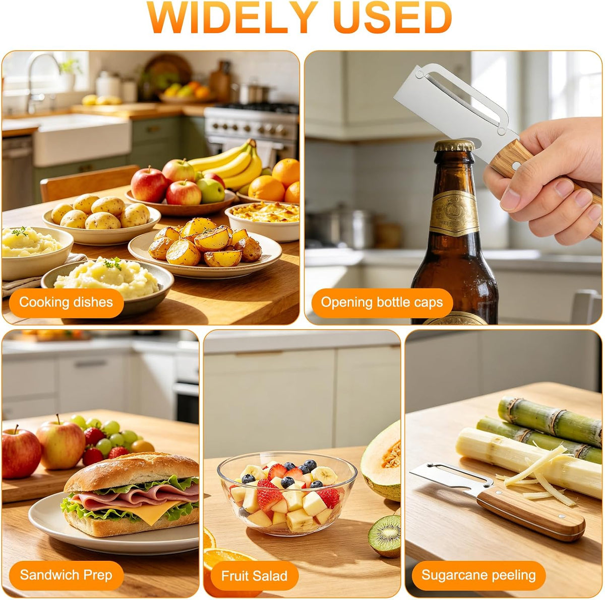 Multi-Functional Vegetable Peeler with Wooden Handle and Bottle Opener,Ultra-Sharp Stainless Steel Blade Kitchen Tool for Fruit Apple Potato Pumpkin Papaya