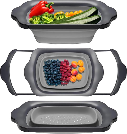 Gray Collapsible Silicone Over-Sink Colander – 6 Qt – Extendable | Gray; silicone; 17.1"L x 10.1"W; collapses to 1.4"H; 6 Qt; handles extend 25" to span sink; heat resistant 176F
