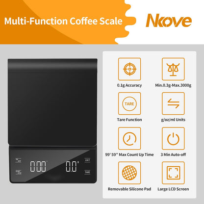Digital Coffee Scale with Timer, 3kg/0.1g High Precision Espresso Scale, Tare Function, 99‘59“ Max Count-Up, 3 Units (g/oz/ml), Battery Powered, Waterproof, Backlit LED for Pour Over & Espresso