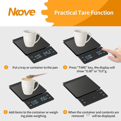 Digital Coffee Scale with Timer, 3kg/0.1g High Precision Espresso Scale, Tare Function, 99‘59“ Max Count-Up, 3 Units (g/oz/ml), Battery Powered, Waterproof, Backlit LED for Pour Over & Espresso
