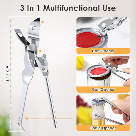 2 Pack Can Opener Manual, Safety Commercial Smooth Edge Can Opener, Heavy Duty Stainless Steel Hand Held Canned Open, Small Side Cut abrelatas, Multifunctional Bottle Open for Camping, Kitchen