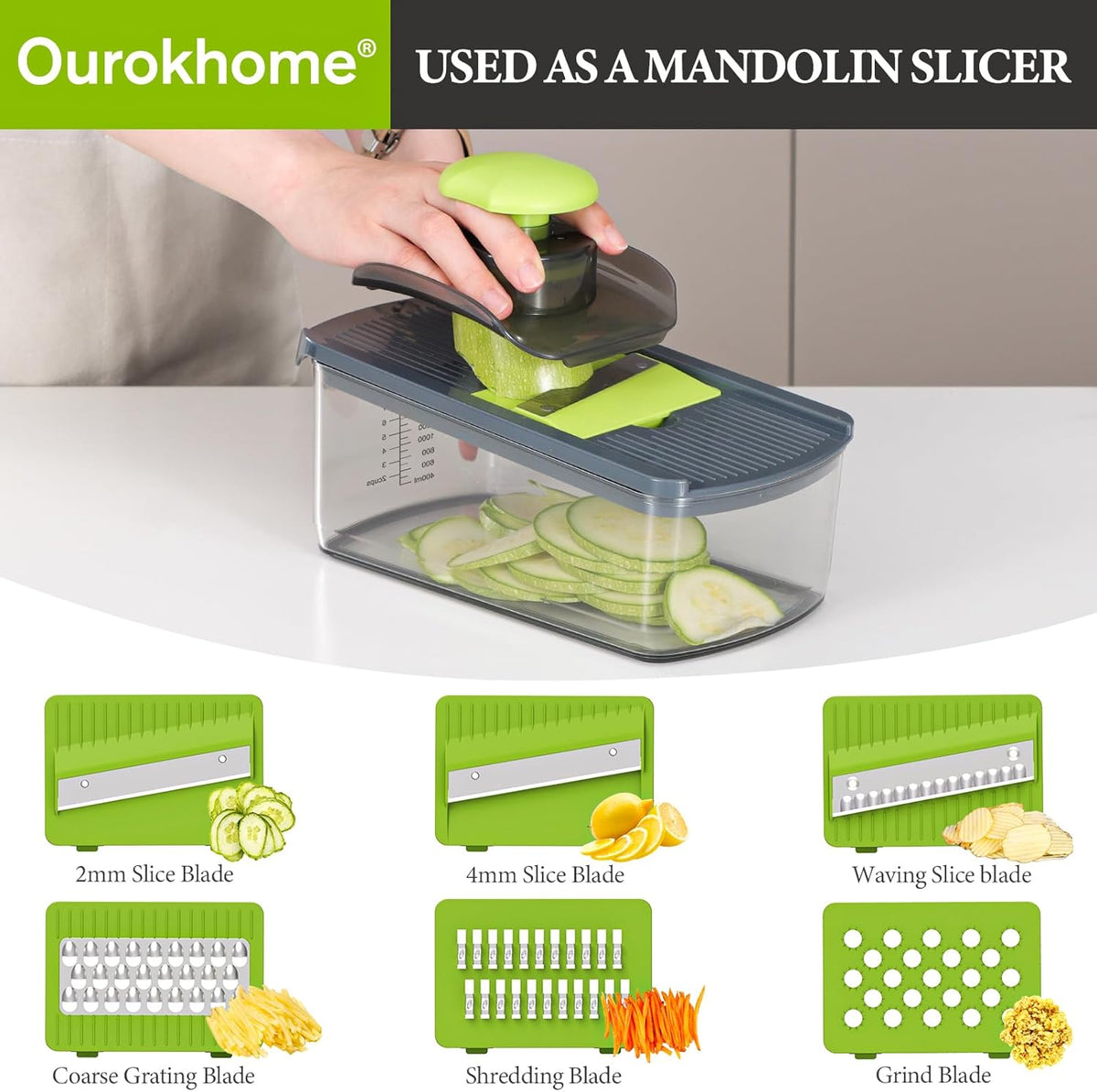 Mandolin Slicer for Kitchen Food, Hand Safe Vegetable Shredder with 6 Mandoline Blades, Veggie Waffle Cutter for Potato, Carrot, Zucchini, Onion, Essential Kitchen Gadgets (6 in 1, Gray)