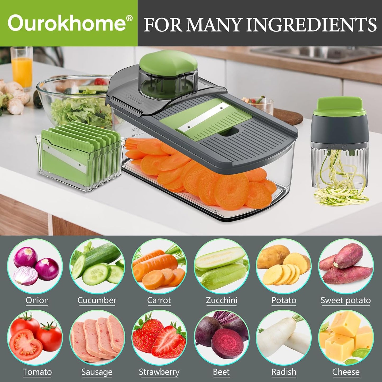 Mandolin Slicer for Kitchen Food, Hand Safe Vegetable Shredder with 6 Mandoline Blades, Veggie Waffle Cutter for Potato, Carrot, Zucchini, Onion, Essential Kitchen Gadgets (6 in 1, Gray)