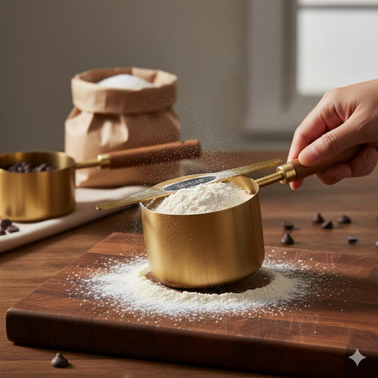 Gold Measuring Cups and Spoons Set with Leveler - 9 Piece Luxury Acacia Wood & Stainless Steel - Aesthetic Kitchen Decor - Professional Baking Tools - Wedding & Housewarming Gift