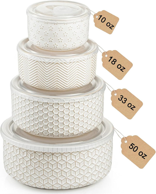 Serving Bowls with Lids, Ceramic Embossed Nesting Mixing Bowls, Set of 4, Serving Bowls Set for Food Storage, Popcorn, Salad etc, Microwave & Dishwasher Safe, 10/18/33/50 OZ, Off-White
