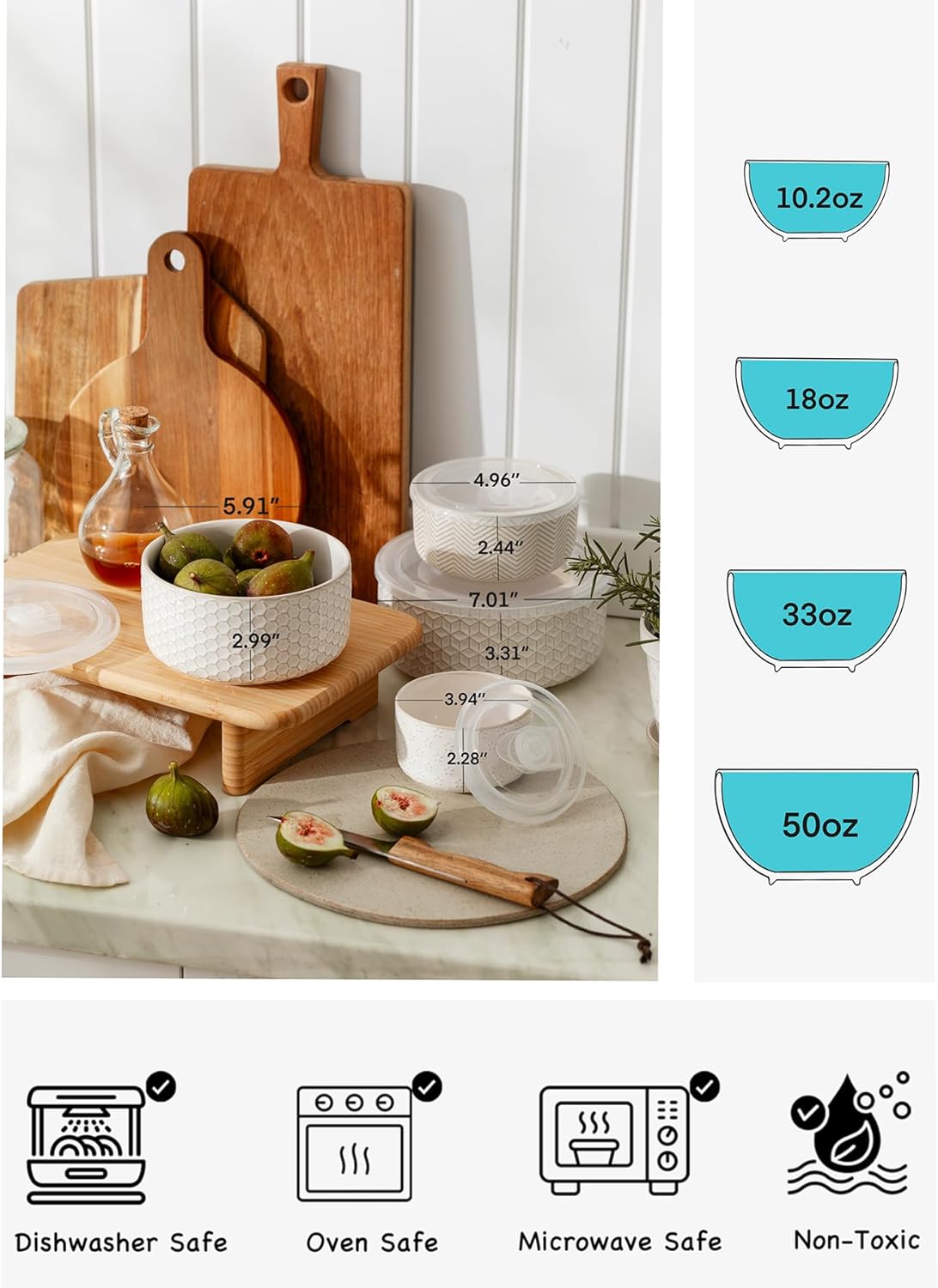 Serving Bowls with Lids, Ceramic Embossed Nesting Mixing Bowls, Set of 4, Serving Bowls Set for Food Storage, Popcorn, Salad etc, Microwave & Dishwasher Safe, 10/18/33/50 OZ, Off-White