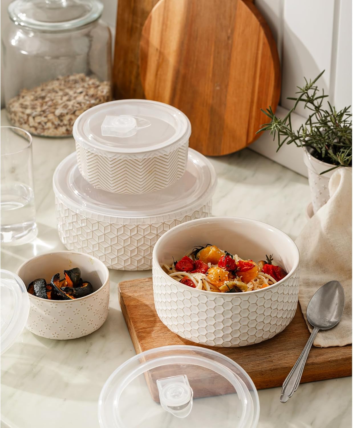 Serving Bowls with Lids, Ceramic Embossed Nesting Mixing Bowls, Set of 4, Serving Bowls Set for Food Storage, Popcorn, Salad etc, Microwave & Dishwasher Safe, 10/18/33/50 OZ, Off-White