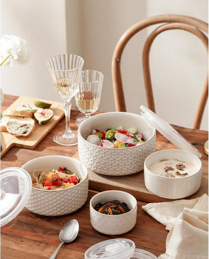 Serving Bowls with Lids, Ceramic Embossed Nesting Mixing Bowls, Set of 4, Serving Bowls Set for Food Storage, Popcorn, Salad etc, Microwave & Dishwasher Safe, 10/18/33/50 OZ, Off-White
