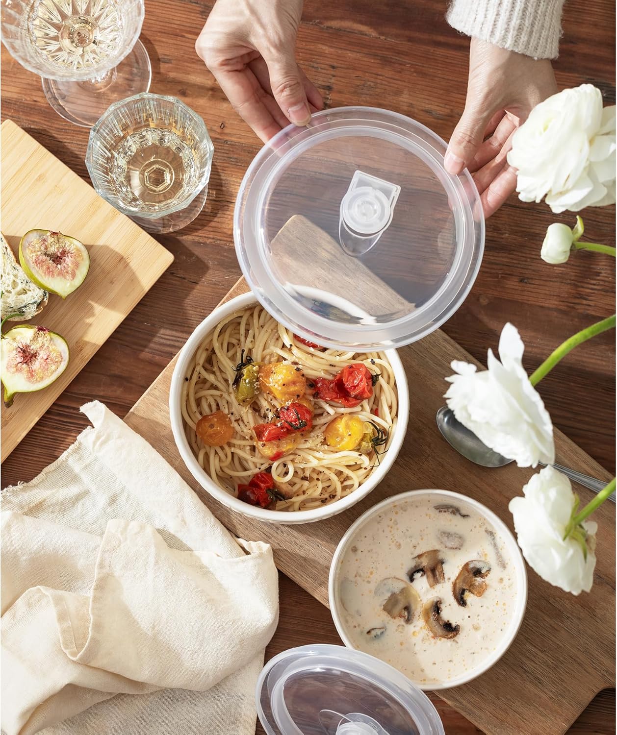 Serving Bowls with Lids, Ceramic Embossed Nesting Mixing Bowls, Set of 4, Serving Bowls Set for Food Storage, Popcorn, Salad etc, Microwave & Dishwasher Safe, 10/18/33/50 OZ, Off-White