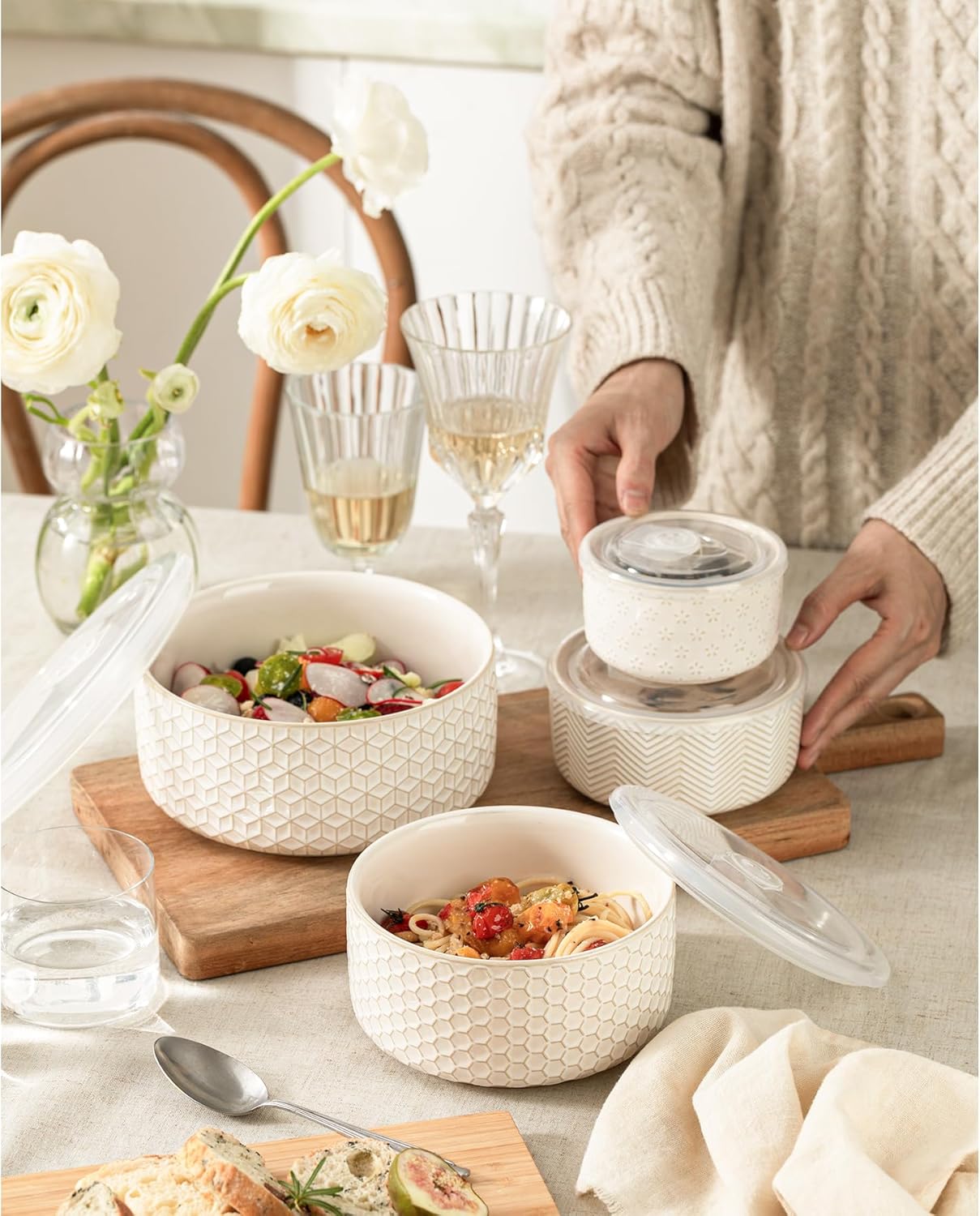 Serving Bowls with Lids, Ceramic Embossed Nesting Mixing Bowls, Set of 4, Serving Bowls Set for Food Storage, Popcorn, Salad etc, Microwave & Dishwasher Safe, 10/18/33/50 OZ, Off-White