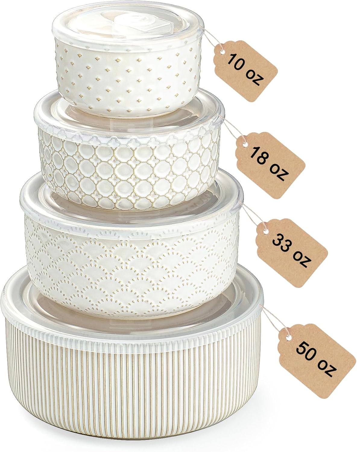 Serving Bowls with Lids, Ceramic Embossed Nesting Mixing Bowls, Set of 4, Serving Bowls Set for Food Storage, Popcorn, Salad etc, Microwave & Dishwasher Safe, 10/18/33/50 OZ, Off-White