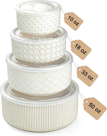 Serving Bowls with Lids, Ceramic Embossed Nesting Mixing Bowls, Set of 4, Serving Bowls Set for Food Storage, Popcorn, Salad etc, Microwave & Dishwasher Safe, 10/18/33/50 OZ, Off-White