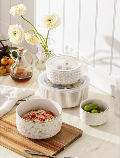 Serving Bowls with Lids, Ceramic Embossed Nesting Mixing Bowls, Set of 4, Serving Bowls Set for Food Storage, Popcorn, Salad etc, Microwave & Dishwasher Safe, 10/18/33/50 OZ, Off-White
