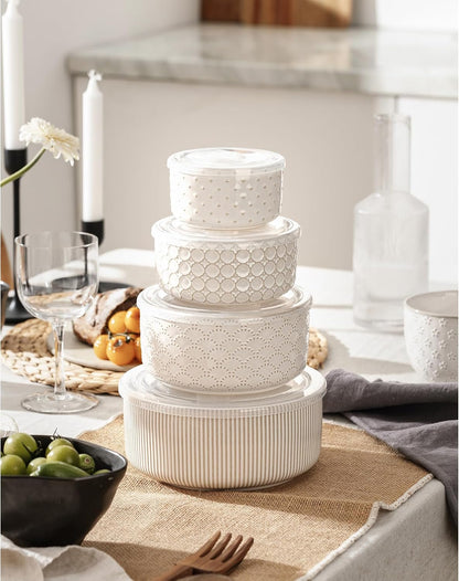Serving Bowls with Lids, Ceramic Embossed Nesting Mixing Bowls, Set of 4, Serving Bowls Set for Food Storage, Popcorn, Salad etc, Microwave & Dishwasher Safe, 10/18/33/50 OZ, Off-White