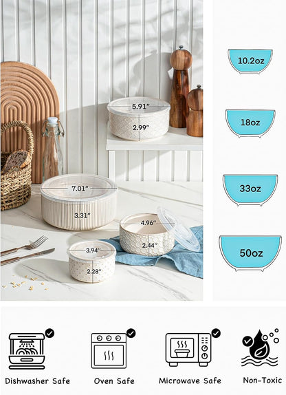 Serving Bowls with Lids, Ceramic Embossed Nesting Mixing Bowls, Set of 4, Serving Bowls Set for Food Storage, Popcorn, Salad etc, Microwave & Dishwasher Safe, 10/18/33/50 OZ, Off-White