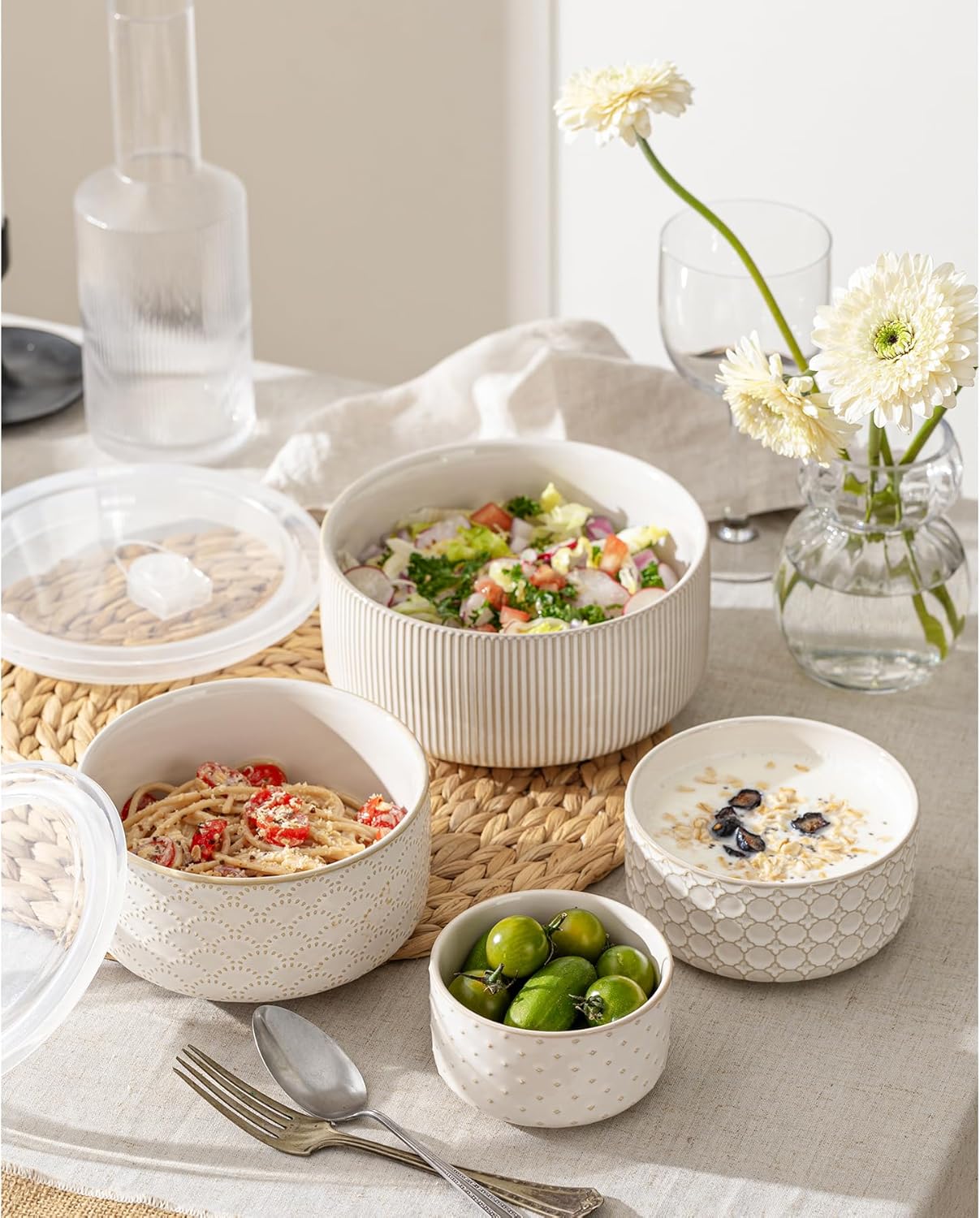 Serving Bowls with Lids, Ceramic Embossed Nesting Mixing Bowls, Set of 4, Serving Bowls Set for Food Storage, Popcorn, Salad etc, Microwave & Dishwasher Safe, 10/18/33/50 OZ, Off-White