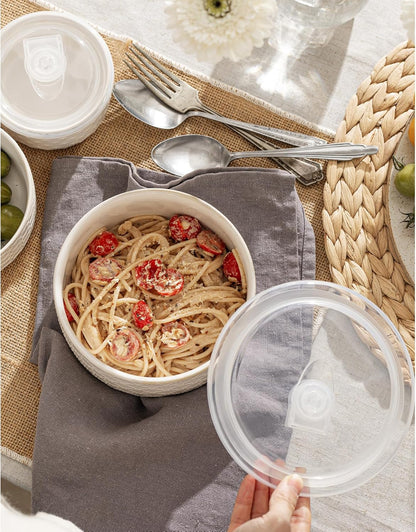 Serving Bowls with Lids, Ceramic Embossed Nesting Mixing Bowls, Set of 4, Serving Bowls Set for Food Storage, Popcorn, Salad etc, Microwave & Dishwasher Safe, 10/18/33/50 OZ, Off-White