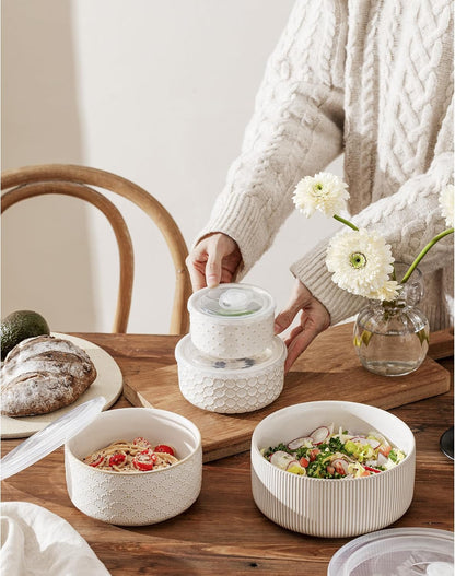 Serving Bowls with Lids, Ceramic Embossed Nesting Mixing Bowls, Set of 4, Serving Bowls Set for Food Storage, Popcorn, Salad etc, Microwave & Dishwasher Safe, 10/18/33/50 OZ, Off-White
