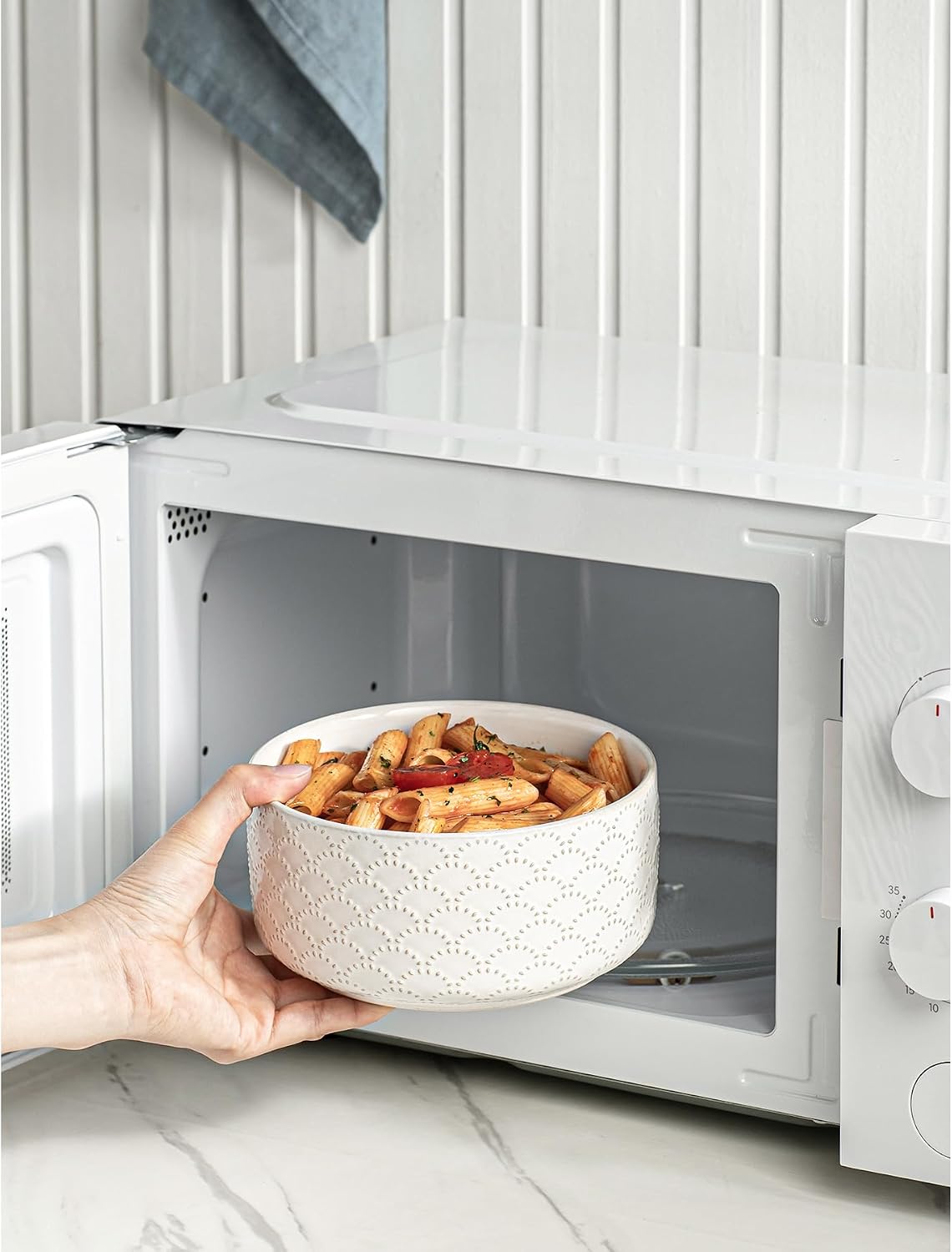 Serving Bowls with Lids, Ceramic Embossed Nesting Mixing Bowls, Set of 4, Serving Bowls Set for Food Storage, Popcorn, Salad etc, Microwave & Dishwasher Safe, 10/18/33/50 OZ, Off-White