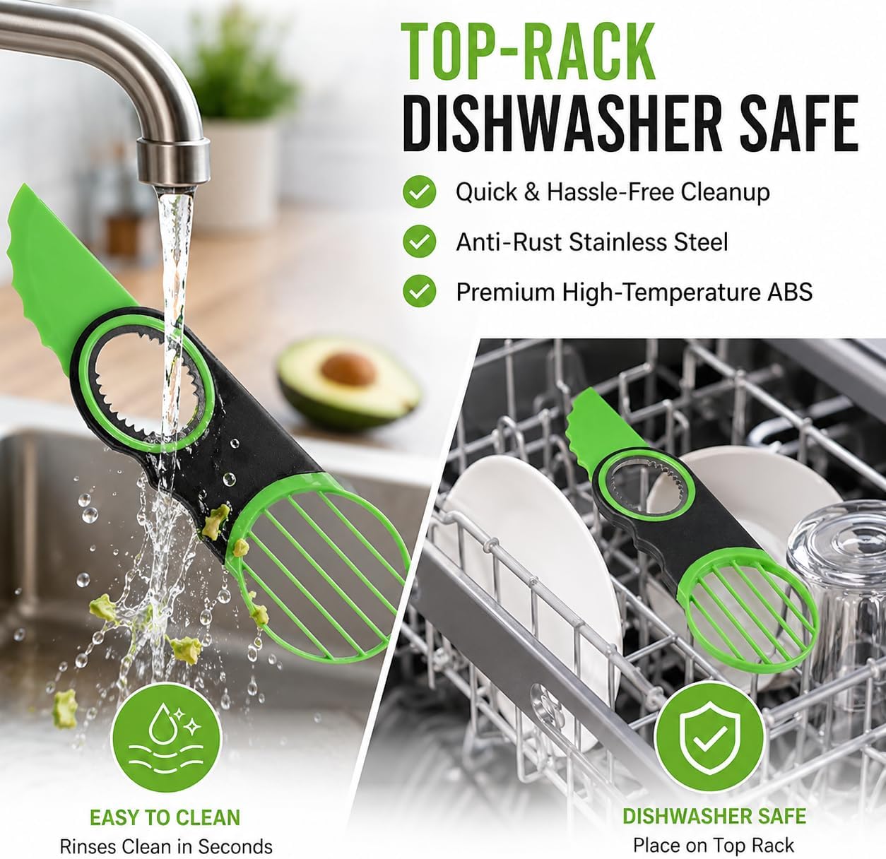 3-in-1 Avocado Slicer Tool & Stainless Steel Pitter | Multifunctional avocado cutter, peeler, and scooper with a non-slip grip. Top-rack dishwasher safe for easy cleaning.