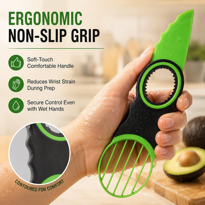 3-in-1 Avocado Slicer Tool & Stainless Steel Pitter | Multifunctional avocado cutter, peeler, and scooper with a non-slip grip. Top-rack dishwasher safe for easy cleaning.