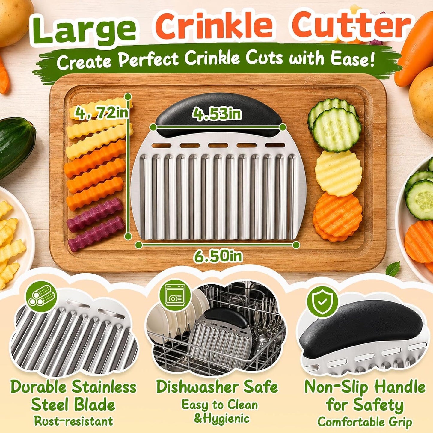 Large Crinkle Cutter French Fry Cutter, Stainless Steel Wavy Slicer | Large Crinkle Potato Slicer Wavy Chopper, Crinkle Cutting Chopping Tools with Handle