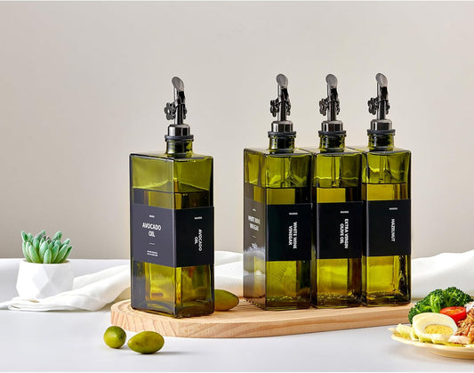 Olive Oil Dispenser Bottle for Kitchen, 16.9oz /500ml Cooking Vinegar Dispenser Bottle Set, Glass Sauce Container, Labels, Brush, Funnel, Stoppers, Green for Oil, Wine