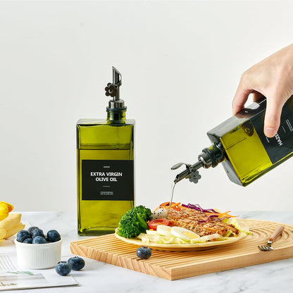 Olive Oil Dispenser Bottle for Kitchen, 16.9oz /500ml Cooking Vinegar Dispenser Bottle Set, Glass Sauce Container, Labels, Brush, Funnel, Stoppers, Green for Oil, Wine