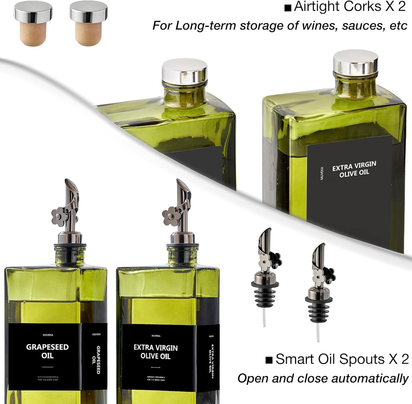 Olive Oil Dispenser Bottle for Kitchen, 16.9oz /500ml Cooking Vinegar Dispenser Bottle Set, Glass Sauce Container, Labels, Brush, Funnel, Stoppers, Green for Oil, Wine